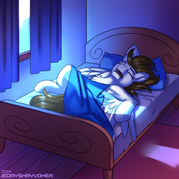 Size: 3000x3000 | Tagged: safe, artist:jedayskayvoker, derpibooru import, oc, oc:core, pegasus, pony, bed, bedroom, bedsheets, blanket, chest fluff, colored sketch, cute, folded wings, image, male, moonlight, pegasus oc, png, sketch, sleeping, snoring, solo, spread wings, stallion, wholesome, wings