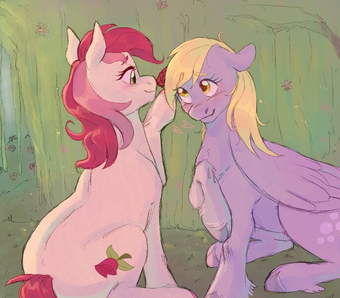 Size: 1600x1400 | Tagged: safe, artist:abbytabbys, derpibooru import, derpy hooves, roseluck, blushing, cloven hooves, derpyluck, duo, duo female, female, flower, flower in hair, g4, image, jpeg, lesbian, looking at each other, looking at someone, raised hoof, shipping, sitting, smiling, smiling at each other