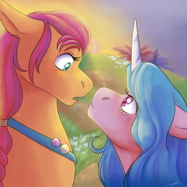 Size: 1280x1280 | Tagged: safe, artist:abbytabbys, derpibooru import, izzy moonbow, sunny starscout, earth pony, pony, unicorn, g5, duo, duo female, female, image, jpeg, lesbian, looking at each other, looking at someone, pins, ship:moonscout, shipping
