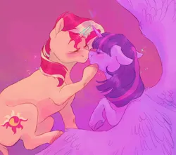 Size: 1700x1500 | Tagged: safe, artist:abbytabbys, derpibooru import, sunset shimmer, twilight sparkle, twilight sparkle (alicorn), alicorn, pony, unicorn, blushing, duo, duo female, eyes closed, female, g4, gradient background, hoof heart, image, imminent kissing, jpeg, lesbian, magic, raised hoof, shipping, sitting, sparkles, spread wings, sunsetsparkle, underhoof, wings