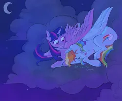 Size: 1800x1500 | Tagged: safe, artist:abbytabbys, derpibooru import, rainbow dash, twilight sparkle, twilight sparkle (alicorn), alicorn, pegasus, pony, cloud, colored hooves, duo, duo female, female, g4, image, jpeg, lesbian, mare, night, on a cloud, shipping, sitting, sitting on cloud, sleeping, sleeping on a cloud, twidash