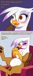 Size: 2000x4576 | Tagged: safe, ai content, artist:rupert, derpibooru import, machine learning assisted, machine learning generated, stable diffusion, gilda, gryphon, series:ask white belly gilda, ask, belly, blushing, chair, cute, dialogue, eyes closed, female, g4, generator:pony diffusion v6 xl, gildadorable, high res, image, jpeg, moi, pale belly, paw pads, paws, plump, prench, prompter:rupert, shrunken pupils, sitting, smiling, solo, tumblr, underpaw, white belly