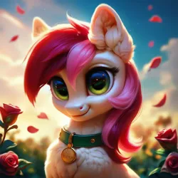 Size: 1024x1024 | Tagged: safe, ai content, derpibooru import, machine learning generated, prompter:doom9454, stable diffusion, roseluck, pony, bust, collar, cute, flower, fluffy, generator:pony diffusion v6 xl, image, pet tag, png, pony pet, portrait, rose, rosepet