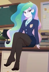 Size: 1248x1824 | Tagged: safe, ai content, derpibooru import, machine learning generated, stable diffusion, princess celestia, human, equestria girls, blazer, book, clothes, desk, female, g4, generator:pony diffusion v6 xl, image, indoors, jpeg, lidded eyes, looking at you, pantyhose, principal celestia, prompter:siber, sitting, skirt, smiling, smirk, solo