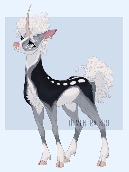 Size: 1200x1600 | Tagged: safe, artist:dementra369, derpibooru import, oc, unofficial characters only, deer, deer pony, hybrid, original species, pony, unicorn, adoptable, butt fluff, chest fluff, cloven hooves, coat markings, curly hair, deer nose, ear piercing, earring, female, image, jewelry, jpeg, nose piercing, piercing, septum piercing, solo, watermark