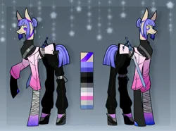 Size: 2560x1906 | Tagged: safe, artist:viskarisks, derpibooru import, oc, unnamed oc, unofficial characters only, earth pony, pony, adoptable, adopted, auction, clothes, dark magic, gradient background, gradient legs, gray background, hair bun, image, jpeg, long legs, magic, pants, raised hoof, reference, simple background, solo, sword, tall, weapon