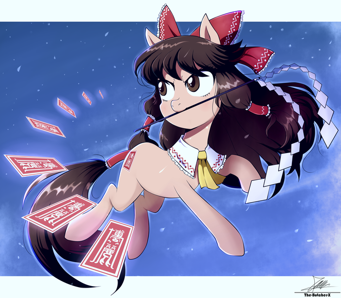 Size: 2334x2034 | Tagged: safe, artist:the-butch-x, derpibooru import, ponified, earth pony, pony, bow, female, hakurei reimu, image, kanji, letterboxing, lunar new year, mare, png, redraw, solo, touhou