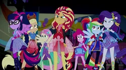 Size: 1230x690 | Tagged: safe, derpibooru import, screencap, applejack, fluttershy, pinkie pie, rainbow dash, rarity, sci-twi, sunset shimmer, twilight sparkle, cheer you on, equestria girls, equestria girls series, spoiler:eqg series (season 2), humane five, humane seven, humane six, image, png, ponied up, pony ears, ponytail, wings