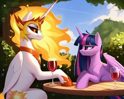 Size: 2560x2048 | Tagged: safe, ai content, derpibooru import, machine learning generated, stable diffusion, daybreaker, twilight sparkle, twilight sparkle (alicorn), alicorn, pony, alcohol, bedroom eyes, cute, date, dating, duo, female, folded wings, g4, garden, generator:pony diffusion v6 xl, glass, happy, high res, image, jpeg, lesbian, looking at each other, looking at someone, mane of fire, mare, outdoors, partially open wings, prompter:frostru, ship:twibreaker, shipping, sky, smiling, table, wine, wine glass, wings