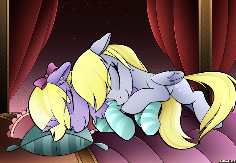Size: 2480x1711 | Tagged: safe, artist:andaluce, derpibooru import, derpy hooves, dinky hooves, pegasus, pony, unicorn, bed, bow, clothes, cuddling, cute, daaaaaaaaaaaw, female, filly, foal, hair bow, image, mare, png, sleeping, socks