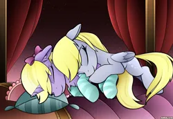 Size: 2480x1711 | Tagged: safe, artist:andaluce, derpibooru import, derpy hooves, dinky hooves, pegasus, pony, unicorn, bed, bow, clothes, cuddling, cute, daaaaaaaaaaaw, female, filly, foal, hair bow, image, mare, png, sleeping, socks