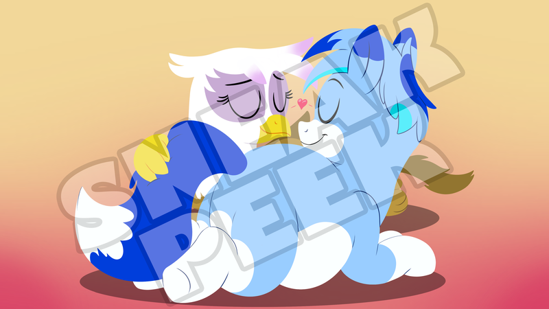 Size: 3840x2160 | Tagged: safe, artist:rupert, derpibooru import, gilda, oc, oc:rupert the blue fox, earth pony, fox, fox pony, gryphon, hybrid, pony, chubby, eyes closed, facing each other, female, gradient background, heart, image, lineless, love, lying down, male, male and female, png, prehensile tail, prone, ship:rupilda, smiling, sneak peek, tail, tail hold