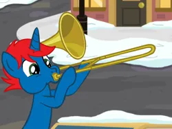 Size: 2048x1536 | Tagged: safe, artist:ry-bluepony1, derpibooru import, oc, oc:train track, unofficial characters only, pony, unicorn, image, male, musical instrument, png, solo, trombone