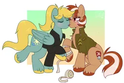 Size: 1210x808 | Tagged: safe, artist:lulubell, derpibooru import, oc, oc:roulette, oc:sunny hymn, unofficial characters only, pony, fallout equestria, fallout equestria: red 36, bandage, blushing, chest fluff, clothes, colored hooves, duo, duo female, eyes closed, fanfic art, female, folded wings, gradient background, image, jacket, kiss on the lips, kissing, lesbian, mare, oc x oc, one eye closed, passepartout, png, ponytail, raised hoof, shipping, shirt, unshorn fetlocks, wings