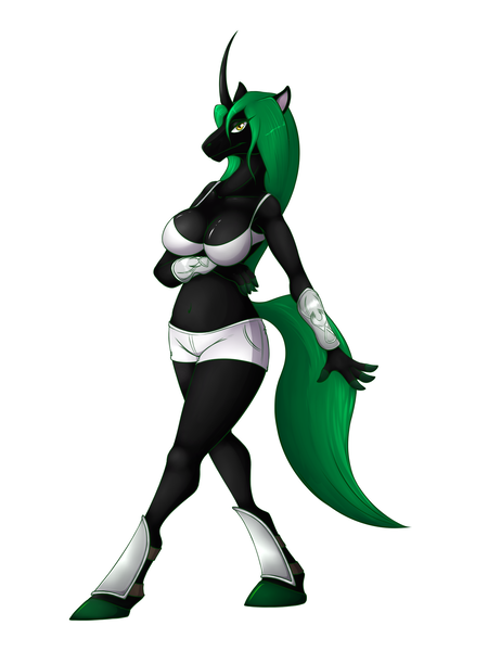 Size: 1500x2000 | Tagged: suggestive, artist:tomek1000, derpibooru import, oc, oc:fantasy dream, anthro, unguligrade anthro, unicorn, bra, clothes, curved horn, female, horn, image, png, qb, shorts, solo, solo female, underwear