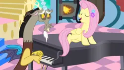 Size: 1192x670 | Tagged: artist needed, source needed, safe, derpibooru import, edit, discord, fluttershy, draconequus, pegasus, pony, chaos, duo, duo male and female, eyes closed, female, fireplace, g4, image, jpeg, male, mare, musical instrument, open mouth, open smile, piano, smiling