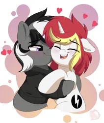 Size: 3232x3811 | Tagged: safe, artist:joaothejohn, derpibooru import, oc, oc:kenn, oc:lazy sunday, earth pony, pony, unicorn, blushing, clothes, commission, couple, cute, earth pony oc, eyes closed, floppy ears, heart, holiday, horn, image, jacket, kiss on the cheek, kissing, lidded eyes, multicolored hair, png, shipping, simple background, smiling, unicorn oc, valentine's day, ych result, your character here