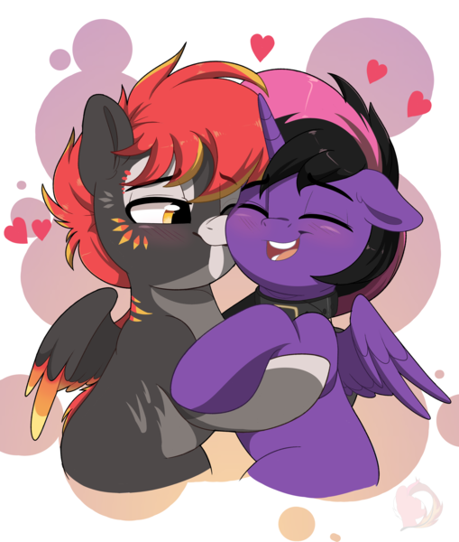 Size: 3232x3811 | Tagged: safe, artist:joaothejohn, derpibooru import, oc, oc:hollow lantern, alicorn, pegasus, pony, alicorn oc, blushing, choker, commission, couple, cute, eyes closed, floppy ears, heart, holiday, horn, image, kiss on the cheek, kissing, lidded eyes, multicolored hair, pegasus oc, png, shipping, simple background, smiling, valentine's day, wings, ych result, your character here