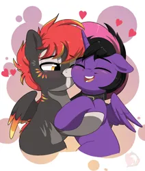 Size: 3232x3811 | Tagged: safe, artist:joaothejohn, derpibooru import, oc, oc:hollow lantern, alicorn, pegasus, pony, alicorn oc, blushing, choker, commission, couple, cute, eyes closed, floppy ears, heart, holiday, horn, image, kiss on the cheek, kissing, lidded eyes, multicolored hair, pegasus oc, png, shipping, simple background, smiling, valentine's day, wings, ych result, your character here