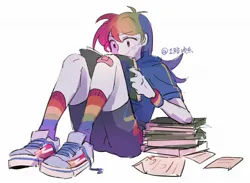 Size: 1759x1289 | Tagged: safe, artist:zoe1003, derpibooru import, rainbow dash, human, ass, book, butt, clothes, humanized, image, jpeg, multicolored hair, rainbow hair, rainbow socks, reading, shorts, simple background, sitting, smiling, socks, solo, striped socks, white background