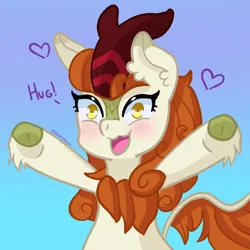 Size: 2000x2000 | Tagged: safe, artist:bubblegooey, derpibooru import, autumn blaze, kirin, :3, adorable face, awwtumn blaze, blushing, bronybait, bust, curly hair, cute, daaaaaaaaaaaw, ear fluff, excited, female, floating heart, g4, gradient background, heart, hoof fluff, horn, hug, image, incoming hug, kirinbetes, looking at you, offscreen character, open mouth, open smile, orange mane, png, raised hoof, scales, signature, smiling, solo, talking, talking to viewer, text, yellow eyes