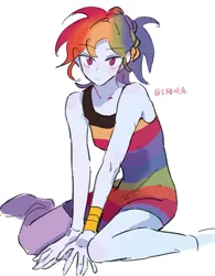 Size: 1109x1419 | Tagged: safe, artist:zoe1003, derpibooru import, rainbow dash, human, female, humanized, image, jpeg, kneeling, multicolored hair, rainbow hair, solo