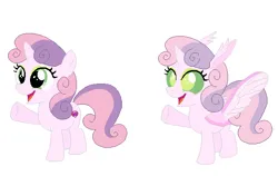 Size: 601x381 | Tagged: artist needed, safe, anonymous artist, derpibooru import, sweetie belle, changeling, pony, unicorn, alternate color palette, alternate design, changelingified, cute, eyeshadow, female, filly, foal, headcanon, headcanon in the description, horn, image, makeup, open mouth, open smile, png, raised hoof, smiling, solo, solo female, species swap, spread wings, wings