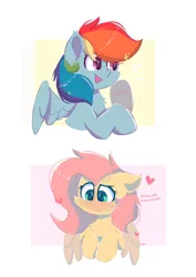Size: 2896x4096 | Tagged: safe, artist:skylinepony_, derpibooru import, fluttershy, rainbow dash, pegasus, pony, blushing, cheek fluff, chest fluff, cute, duo, duo female, ear fluff, female, flutterdash, g4, heart, heart eyes, high res, image, jpeg, lesbian, looking down, mare, open mouth, open smile, partially open wings, raised hoof, shipping, shy, signature, simple background, smiling, white background, wingding eyes, wings, wings down