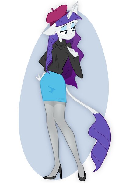Size: 1900x2480 | Tagged: safe, artist:indivirtual_, derpibooru import, rarity, anthro, abstract background, beatnik rarity, beret, clothes, eyeshadow, female, g4, hat, high heels, image, jpeg, makeup, shoes, skirt, smiling, socks, solo, stockings, sweater, thigh highs