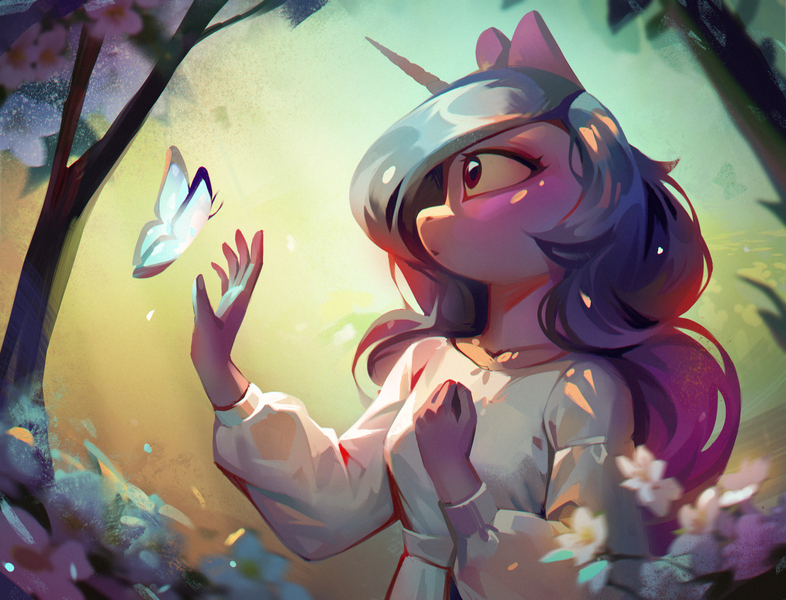 Size: 3412x2606 | Tagged: safe, artist:annna markarova, artist:foxyara, derpibooru import, izzy moonbow, anthro, butterfly, insect, unicorn, g5, clothes, cute, dress, female, flower, horn, image, jpeg, solo, tree