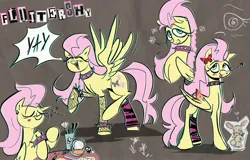 Size: 2349x1500 | Tagged: safe, artist:lafysaphy, derpibooru import, angel bunny, fluttershy, butterfly, insect, pegasus, pony, :p, alternate hairstyle, choker, chokershy, clothes, devil horn (gesture), ear piercing, earring, emanata, eyes closed, female, fishnets, flower, flutterpunk, folded wings, g4, humming, image, jewelry, jpeg, makeup, mare, multeity, name, open mouth, piercing, punk, smiling, socks, speech bubble, spread wings, standing on two hooves, striped socks, studded bracelet, studded choker, tongue out, wing hands, wings, yay