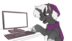Size: 1899x1080 | Tagged: safe, artist:jewellier, derpibooru import, oc, oc:marcel lumin, unofficial characters only, pony, unicorn, g5, beanie, clothes, colored sketch, freckles, g5 oc, hat, horn, image, keyboard, male, meme template, monitor, oda 1997, png, scarf, simple background, sketch, smiling, solo, stallion, unicorn oc, unshorn fetlocks, white background