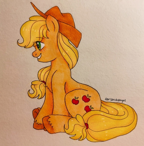 Size: 1586x1599 | Tagged: safe, artist:dariarchangel, derpibooru import, applejack, earth pony, pony, applejack's hat, blonde, colored hooves, cowboy hat, female, freckles, g4, hat, image, jpeg, looking away, mare, ponytail, profile, simple background, sitting, smiling, solo, traditional art