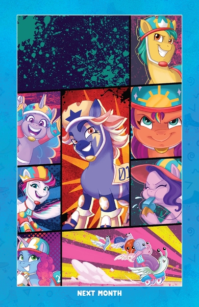Size: 1561x2400 | Tagged: safe, derpibooru import, idw, hitch trailblazer, izzy moonbow, pipp petals, sunny starscout, zipp storm, earth pony, pegasus, pony, snail, unicorn, g5, spoiler:comic, spoiler:g5, adorapipp, adorazipp, applejack (g5), blowing whistle, coach pipp petals, cute, female, fluttershy (g5), horn, image, izzybetes, jpeg, male, mane five, mane six (g5), mane stripe sunny, mare, misty brightdawn, my little pony: kenbucky roller derby, pinkie pie (g5), pipp's whistle, preview, puffy cheeks, rainbow dash (g5), rarity (g5), rebirth misty, roller derby, roller skates, skates, spitting, stallion, that pony sure does love whistles, tracy tailspin, twilight sparkle (g5), ultra pony roller derby, whistle, whistle necklace
