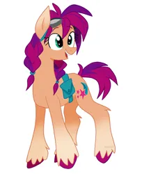 Size: 2028x2480 | Tagged: safe, artist:indivirtual_, derpibooru import, sunny starscout, earth pony, pony, g5, alternate hairstyle, bag, braid, coat markings, eyebrows, eyebrows visible through hair, female, goggles, goggles on head, high res, image, leg fluff, mare, open mouth, open smile, png, simple background, smiling, socks (coat marking), solo, teeth, unshorn fetlocks, white background