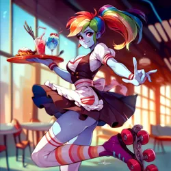 Size: 3000x3000 | Tagged: safe, ai content, anonymous prompter, derpibooru import, machine learning generated, stable diffusion, rainbow dash, human, equestria girls, breasts, busty rainbow dash, cleavage, clothes, dress, female, g4, generator:pony diffusion v6 xl, image, jpeg, roller skates, schrödinger's pantsu, skates, socks, solo, thigh highs, waitress, window