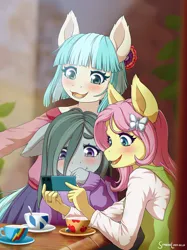 Size: 1600x2134 | Tagged: safe, artist:symbianl, derpibooru import, coco pommel, fluttershy, marble pie, anthro, earth pony, pegasus, crying, cup, eye clipping through hair, eyebrows, eyebrows visible through hair, female, floppy ears, g4, image, jpeg, mobile phone, phone, smartphone, smiling, teacup, the council of shy ponies, trio, trio female