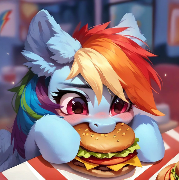 Size: 918x920 | Tagged: safe, ai content, derpibooru import, machine learning assisted, machine learning generated, stable diffusion, rainbow dash, pegasus, pony, blushing, burger, cute, detailed, detailed hair, ear fluff, eating, fluffy, food, g4, generator:purplesmart.ai, happy, hungry, image, meat, multicolored hair, nom, pink eyes, png, ponies eating meat, prompter:saltyvity, rainbow hair, restaurant, solo