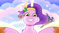 Size: 3072x1727 | Tagged: safe, derpibooru import, screencap, pipp petals, alicorn, pony, g5, my little pony: tell your tale, spoiler:g5, spoiler:my little pony: tell your tale, spoiler:tyts02e07, artificial horn, artificial wings, augmented, female, grin, horn, image, jpeg, magic, magic horn, magic wings, mare, pippcorn, smiling, solo, spread wings, the lone alicorn, wings
