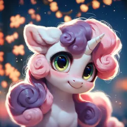 Size: 920x923 | Tagged: safe, ai content, derpibooru import, machine learning assisted, machine learning generated, stable diffusion, sweetie belle, pony, unicorn, beautiful, big eyes, blushing, city, cute, detailed, detailed hair, ear fluff, fluffy, g4, generator:purplesmart.ai, green eyes, happy, horn, image, looking at you, pink mane, png, prompter:saltyvity, purple mane, smiling, smiling at you, solo, sparkles, sunset