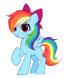 Size: 2773x3227 | Tagged: safe, artist:confetticakez, derpibooru import, rainbow dash, pegasus, pony, blank flank, bow, cute, dashabetes, eyebrows, female, filly, filly rainbow dash, foal, g4, hair bow, high res, image, jpeg, looking at you, raised hoof, simple background, smiling, smiling at you, solo, spread wings, white background, wings, younger