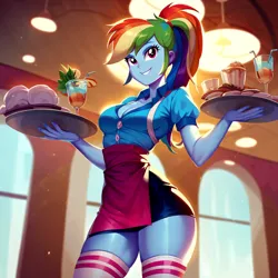 Size: 3000x3000 | Tagged: safe, ai content, anonymous prompter, derpibooru import, machine learning generated, stable diffusion, rainbow dash, human, equestria girls, breasts, busty rainbow dash, cleavage, clothes, dress, female, g4, generator:pony diffusion v6 xl, image, jpeg, schrödinger's pantsu, skates, socks, solo, thigh highs, tomboy taming, waitress, window