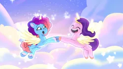 Size: 3072x1727 | Tagged: safe, derpibooru import, screencap, pipp petals, alicorn, pony, g5, my little pony: tell your tale, spoiler:g5, spoiler:my little pony: tell your tale, spoiler:tyts02e07, :o, ^^, adorapipp, alicornified, artificial horn, artificial wings, augmented, cute, duo, duo female, eyes closed, female, flying, horn, image, jpeg, magic, magic horn, magic wings, mare, misty brightdawn, mistybetes, mistycorn, open mouth, open smile, pippcorn, race swap, rebirth misty, smiling, spread wings, the lone alicorn, wings