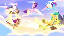 Size: 3072x1727 | Tagged: safe, derpibooru import, screencap, hitch trailblazer, pipp petals, sunny starscout, zipp storm, alicorn, pony, g5, my little pony: a new generation, my little pony: tell your tale, spoiler:g5, spoiler:my little pony: tell your tale, spoiler:tyts02e07, :o, ^^, adorapipp, alicornified, artificial horn, artificial wings, augmented, cute, eyes closed, female, flying, hitchcorn, horn, image, jpeg, magic, magic horn, magic wings, male, mare, misty brightdawn, mistycorn, open mouth, open smile, pippcorn, race swap, rebirth misty, royal sisters (g5), siblings, sisters, smiling, spread wings, stallion, sunnycorn, the lone alicorn, wings, zippcorn