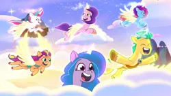 Size: 3072x1727 | Tagged: safe, derpibooru import, screencap, hitch trailblazer, izzy moonbow, pipp petals, sunny starscout, zipp storm, alicorn, pony, g5, my little pony: a new generation, my little pony: tell your tale, spoiler:g5, spoiler:my little pony: tell your tale, spoiler:tyts02e07, ^^, alicornified, applejack (g5), artificial horn, artificial wings, augmented, cute, eyes closed, female, fluttershy (g5), flying, hitchbetes, hitchcorn, horn, image, izzycorn, jpeg, magic, magic horn, magic wings, male, mane five, mane six (g5), mare, misty brightdawn, mistycorn, open mouth, open smile, pinkie pie (g5), pippcorn, race swap, rainbow dash (g5), rarity (g5), rebirth misty, royal sisters (g5), siblings, sisters, smiling, spread wings, stallion, sunnycorn, the lone alicorn, twilight sparkle (g5), wings, zippcorn