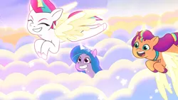 Size: 3072x1727 | Tagged: safe, derpibooru import, screencap, izzy moonbow, sunny starscout, zipp storm, alicorn, pony, g5, my little pony: a new generation, my little pony: tell your tale, spoiler:g5, spoiler:my little pony: tell your tale, spoiler:tyts02e07, alicornified, artificial horn, artificial wings, augmented, eyes closed, female, flying, grin, horn, image, izzycorn, jpeg, magic, magic horn, magic wings, mare, open mouth, open smile, race swap, smiling, spread wings, sunnycorn, the lone alicorn, trio, trio female, wings, zippcorn