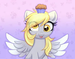 Size: 3123x2470 | Tagged: safe, artist:confetticakez, derpibooru import, derpy hooves, pegasus, pony, :p, cute, derpabetes, eye clipping through hair, female, food, g4, gradient background, high res, image, jpeg, looking at you, mare, muffin, smiling, smiling at you, solo, spread wings, tongue out, wings