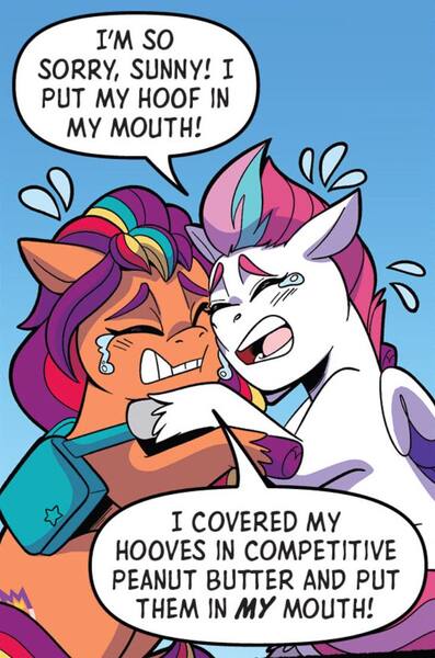 Size: 731x1106 | Tagged: safe, artist:natalie haines, derpibooru import, idw, sunny starscout, zipp storm, earth pony, pegasus, pony, g5, spoiler:comic, spoiler:g5comic, bag, context is for the weak, crying, dialogue, duo, emanata, female, gradient background, hug, image, jpeg, mane stripe sunny, mare, my little pony: kenbucky roller derby, saddle bag, speech bubble, unshorn fetlocks