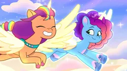 Size: 3072x1727 | Tagged: safe, derpibooru import, screencap, sunny starscout, alicorn, pony, g5, my little pony: a new generation, my little pony: tell your tale, spoiler:g5, spoiler:my little pony: tell your tale, spoiler:tyts02e07, cute, duo, duo female, eyes closed, female, flying, grin, image, jpeg, mare, misty brightdawn, race swap, rebirth misty, smiling, spread wings, sunnybetes, sunnycorn, the lone alicorn, wings