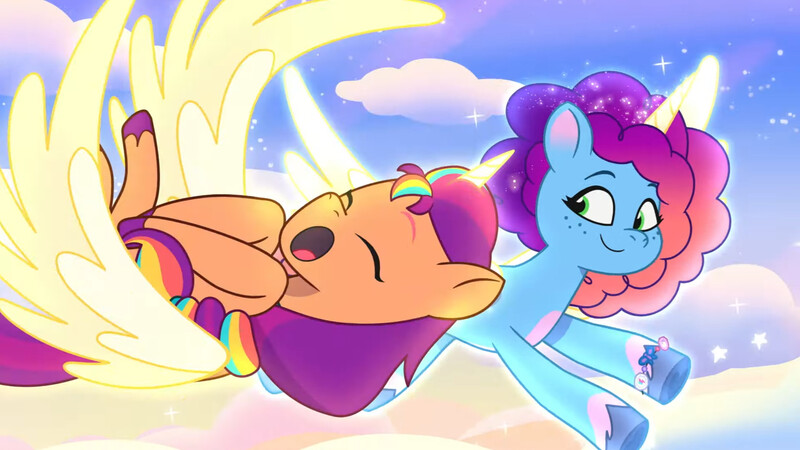 Size: 3072x1727 | Tagged: safe, derpibooru import, screencap, sunny starscout, alicorn, pony, g5, my little pony: a new generation, my little pony: tell your tale, spoiler:g5, spoiler:my little pony: tell your tale, spoiler:tyts02e07, :o, ^^, cute, duo, duo female, eyes closed, female, flying, image, jpeg, mare, misty brightdawn, open mouth, race swap, rebirth misty, smiling, spread wings, sunnybetes, sunnycorn, the lone alicorn, wings